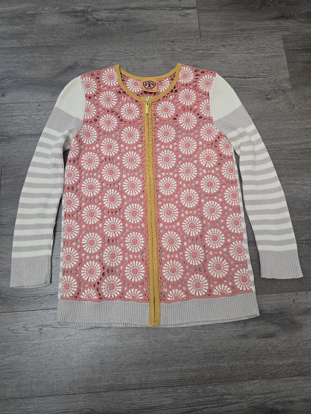 Tory Burch cotton knit zip-up cardigan Crochet Stripes Cottagecore Fisherman